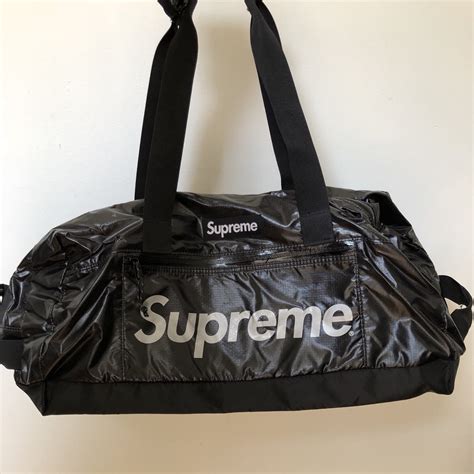 supreme leather bag|supreme black duffle bag.